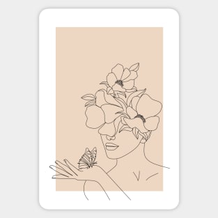 Woman with flowers on her head holding a butterfly line drawing Sticker